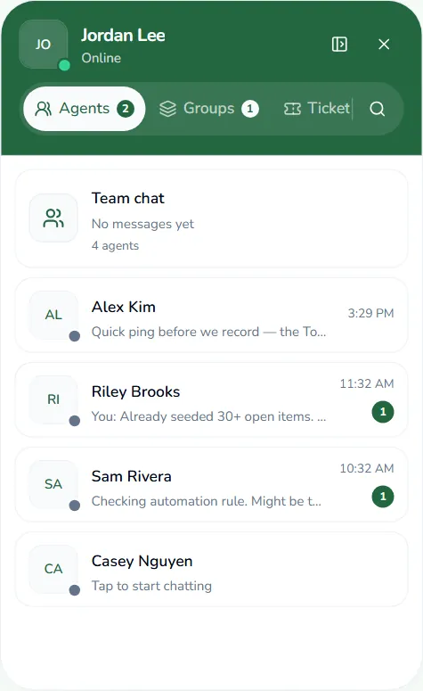 nabudesk agent chat inbox with teammates and groups